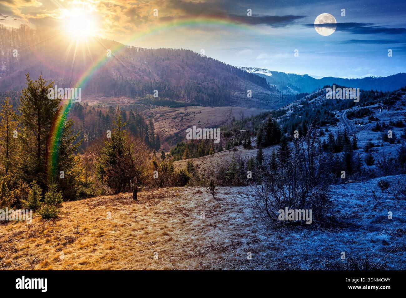 mountains in early spring. day and night time change concept. tree stumps on rolling hills with sun and moon. forest clearing. deforestation landscape Stock Photo