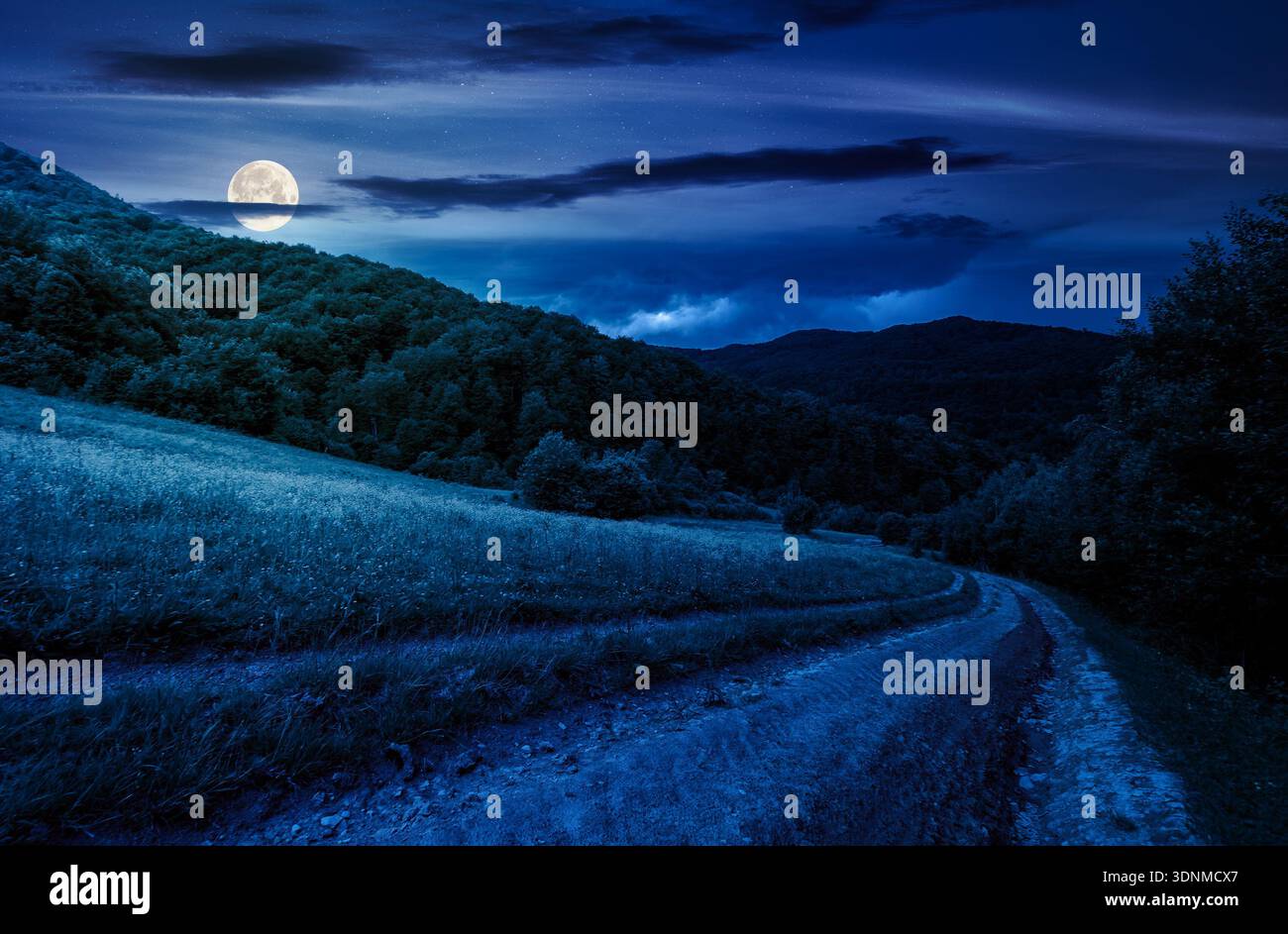 country road down the hill through the field at night. lovely countryside scenery of mountainous area before the summer storm in full moon light. myst Stock Photo