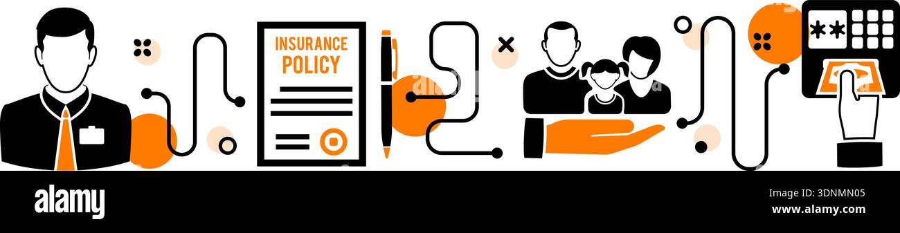 Insurance Services Process Infographics with two color flat icons like Insurant Agent, Policy, claim and Family insurance. isolated vector illustratio Stock Vector
