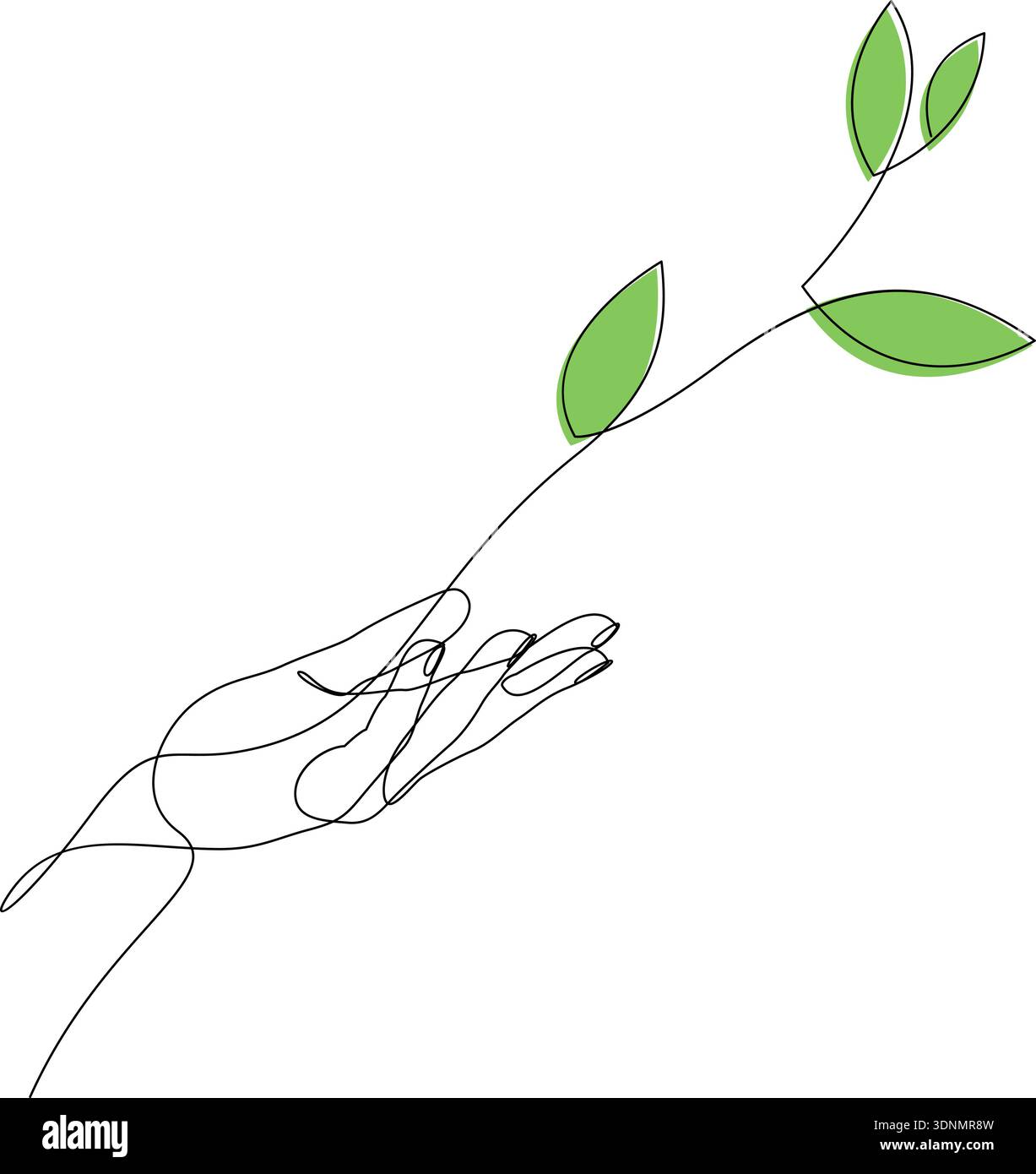 Continuous line drawing of green plant growing from hand. Hand holding ...