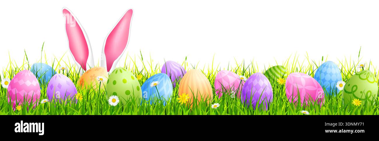 Easter background, Easter bunny banner, eggs on grass border Stock Vector