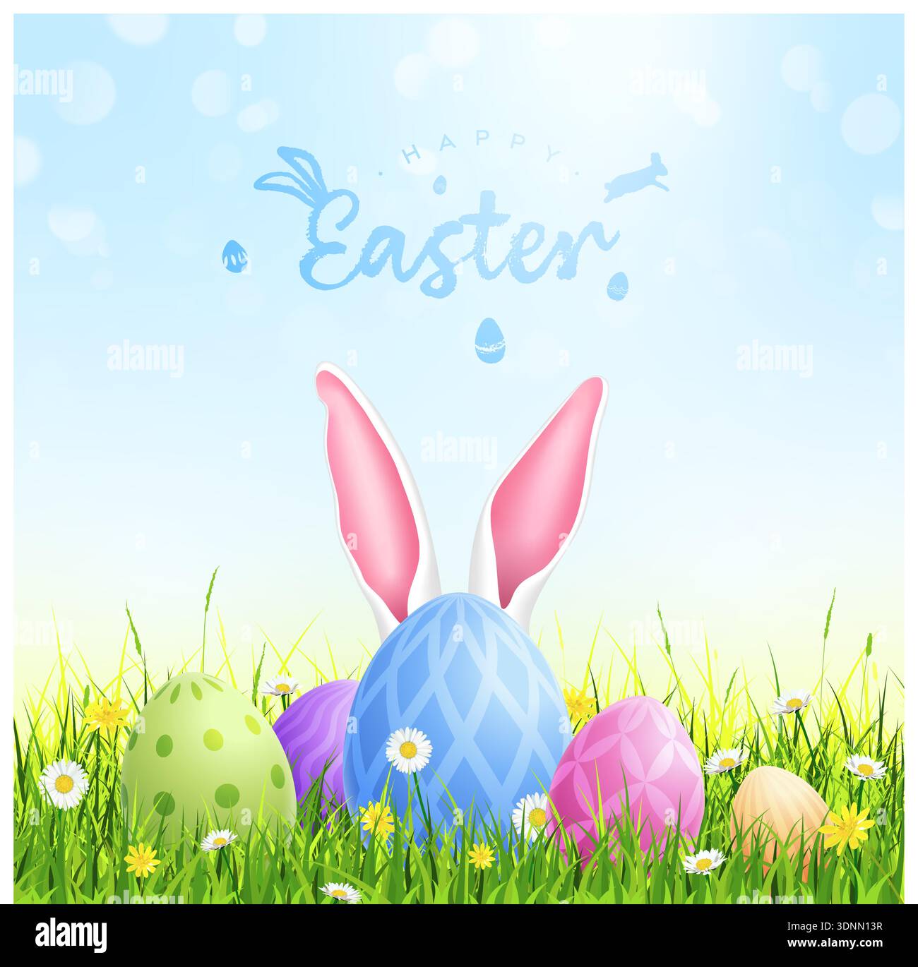 Easter card, Easter bunny poster with eggs on the grass Stock Vector