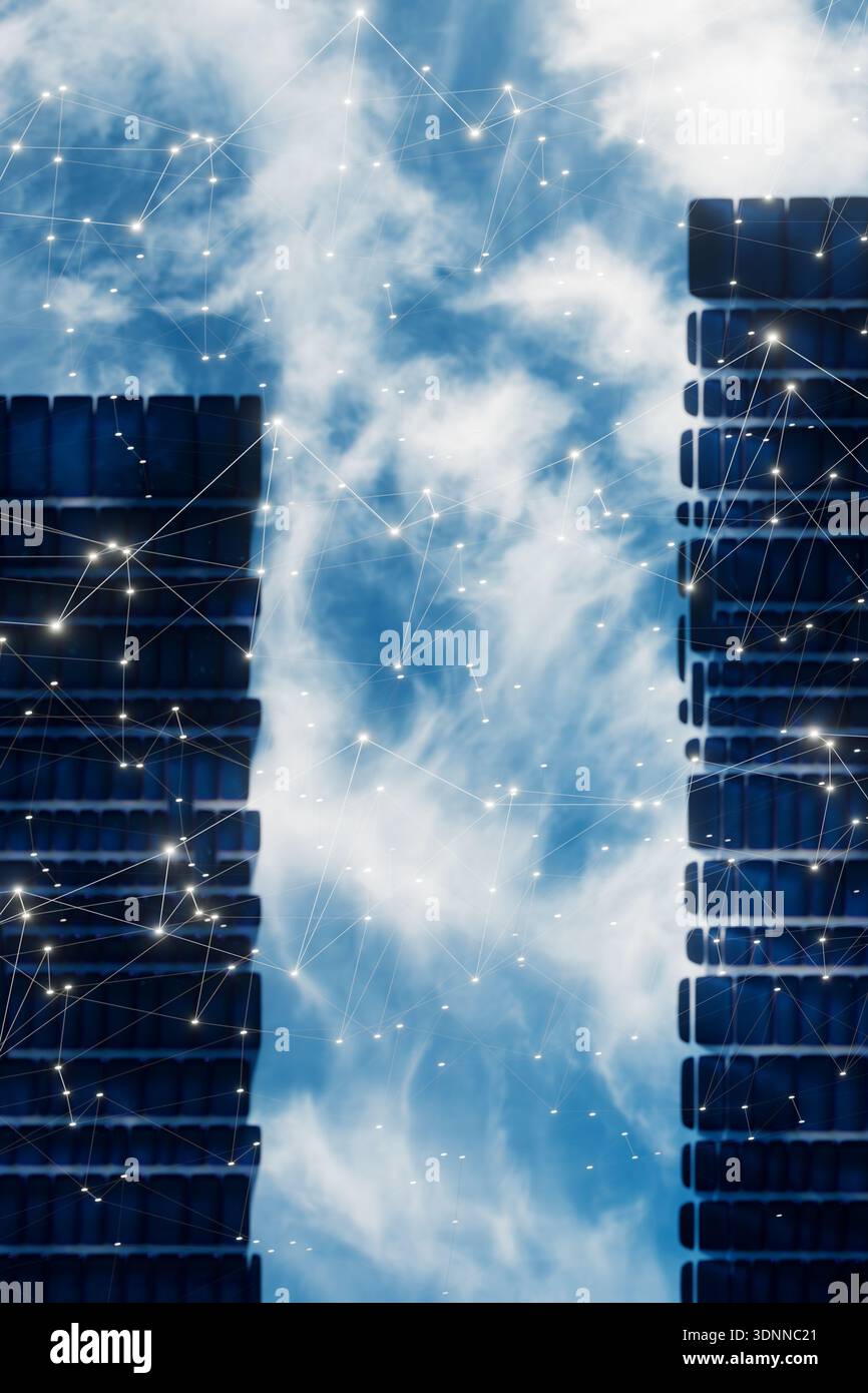 Global communication network over modern office buildings under white clouds. 3d rendering Stock Photo