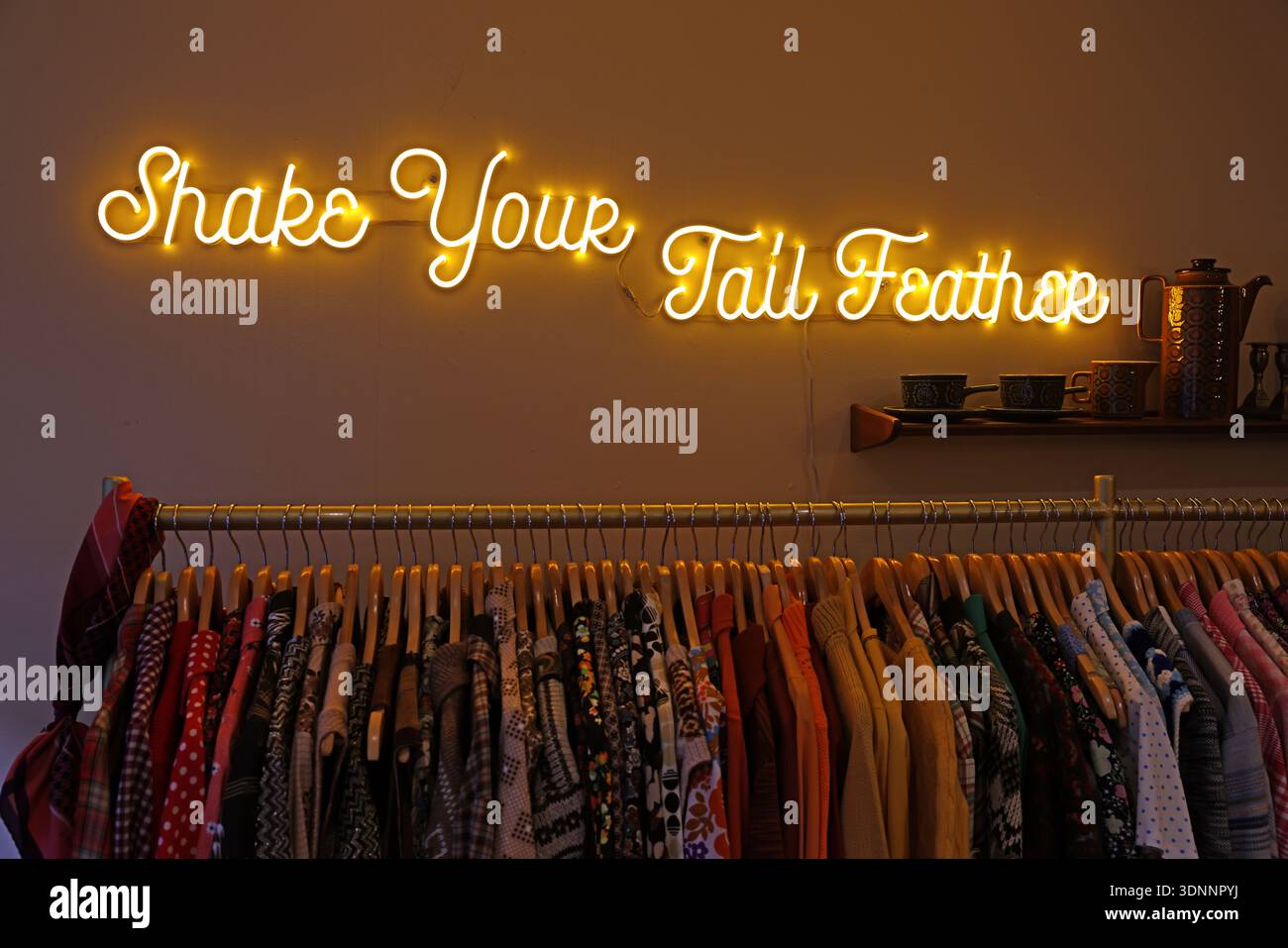 Neon sign reading “Shake Your Tail Feathers” above a clothing rail in a vintage fashion shop in Stockport’s Underbanks area, England. Stock Photo