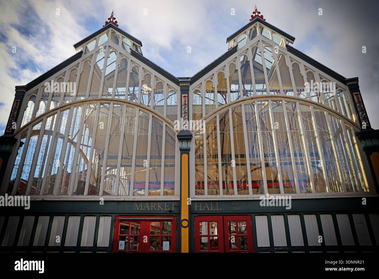 Entrance frontage of Stockport Market Hall, the “Glass Umbrella”, on Market Place in Stockport town centre, Greater Manchester, England. Stock Photo