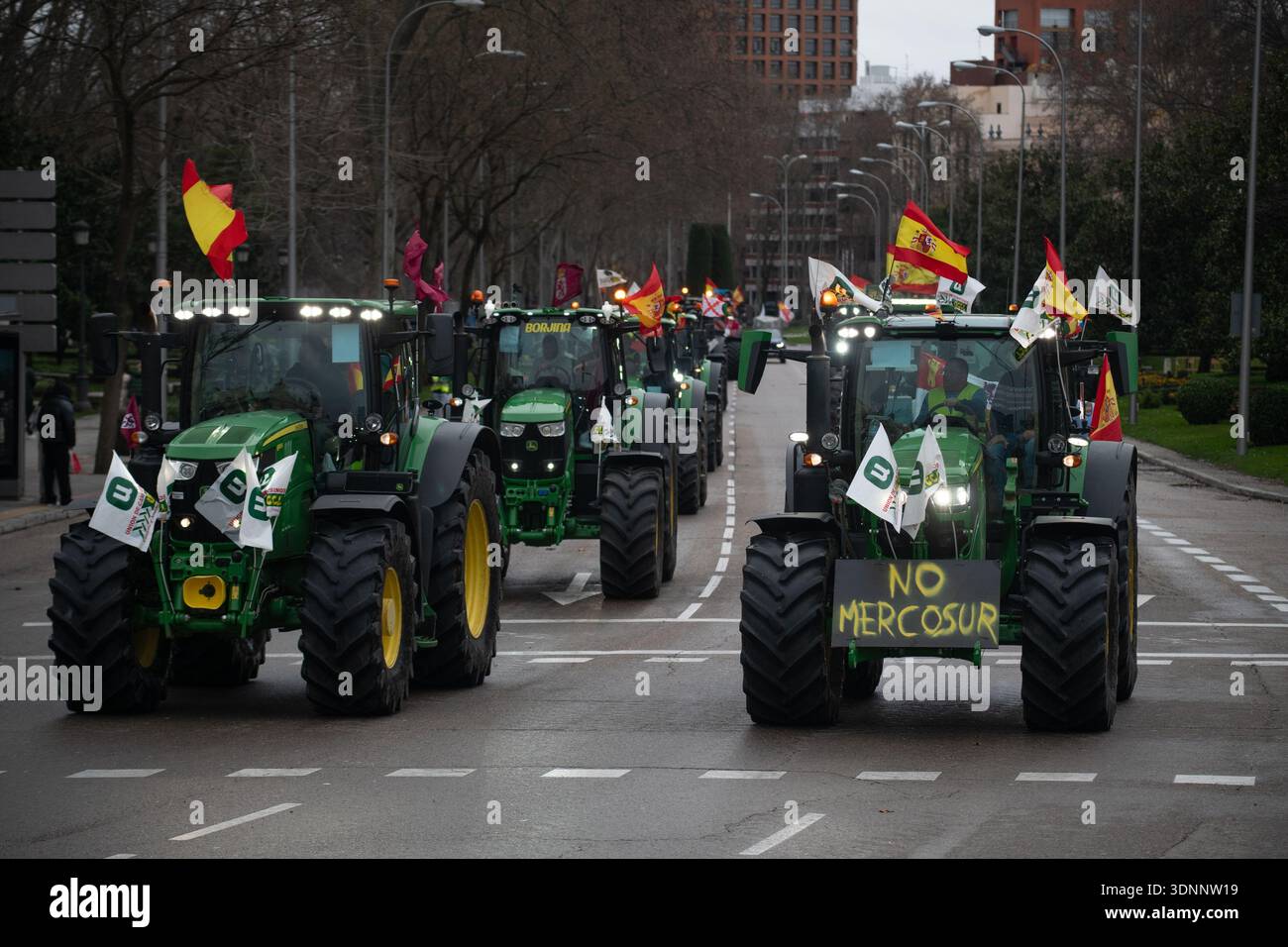 Demonstrators rally with tractors on the Paseo del Prado, 11 February ...