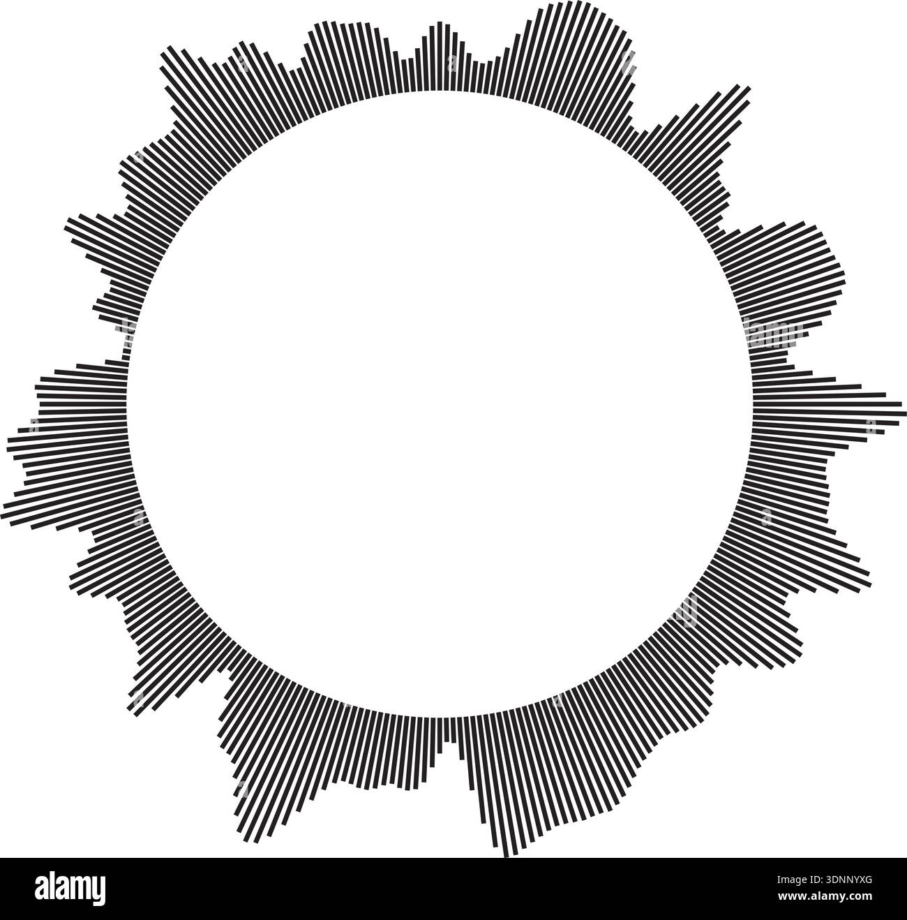 Vector circular sound wave pattern. Radial audio waveform illustration. Round equalizer with peaks. Stock Vector