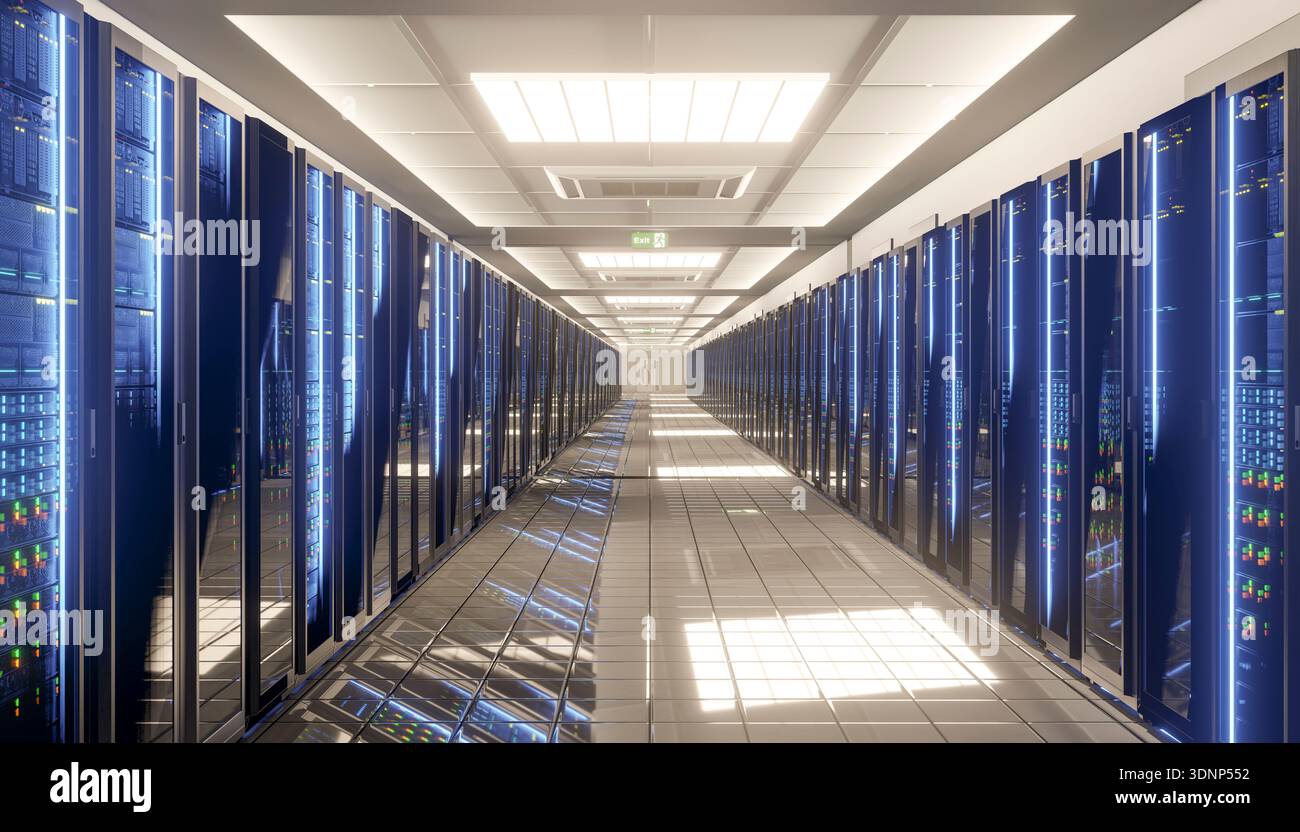 A modern data center hallway lined with sleek server racks, brightly ...