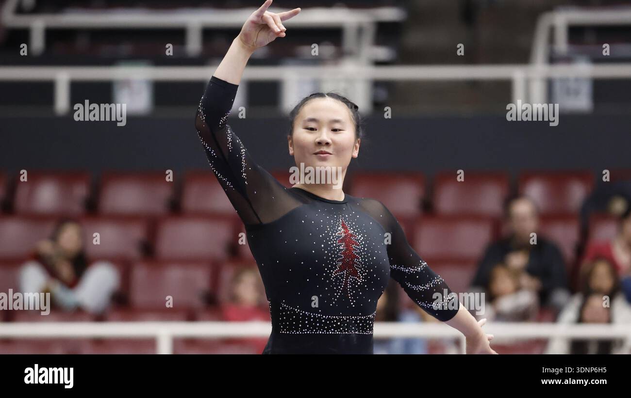 Stanford gymnast Claire Dean competes on the beam during an NCAA