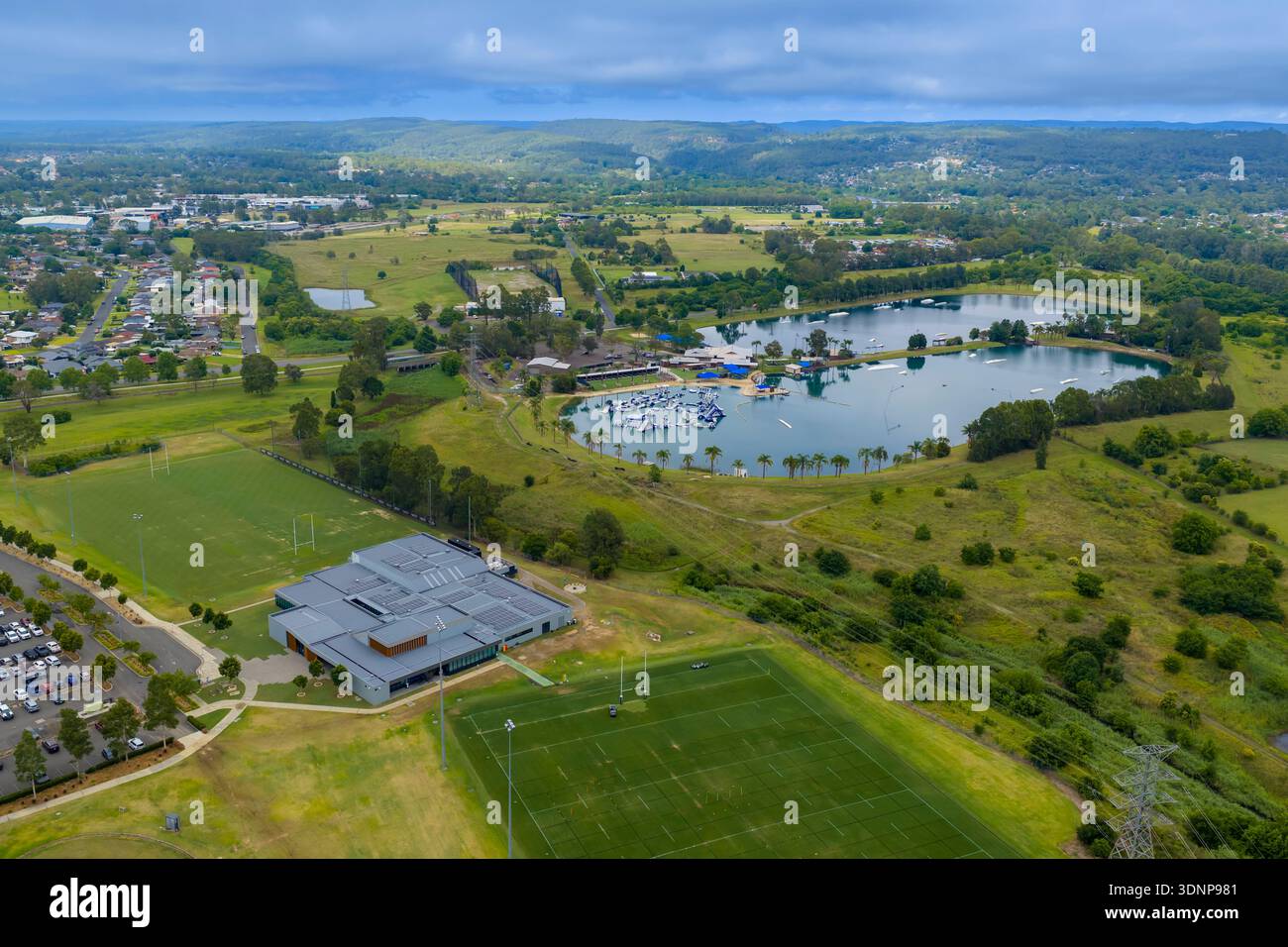 Drone aerial photograph looking towards Cables Wake and Aqua Park and the Nectr Rugby League Academy in the town of Penrith in New South Wales, Austra Stock Photo
