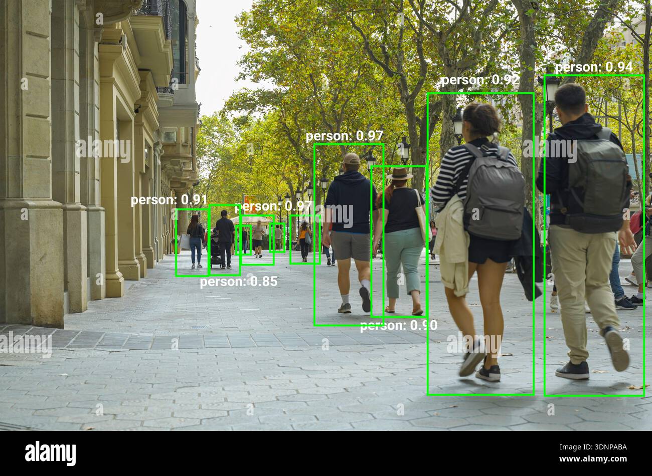 Computer vision detecting people with bounding boxes on a street Stock Photo