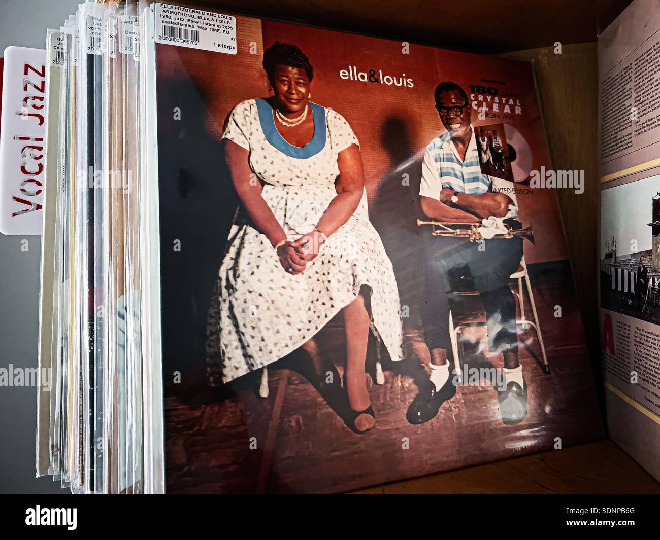 Lviv, Ukraine - February 07, 2026: Vintage vinyl album 1956 cover featuring Ella Fitzgerald and Louis Armstrong seated, a jazz duo portrait. Stock Photo