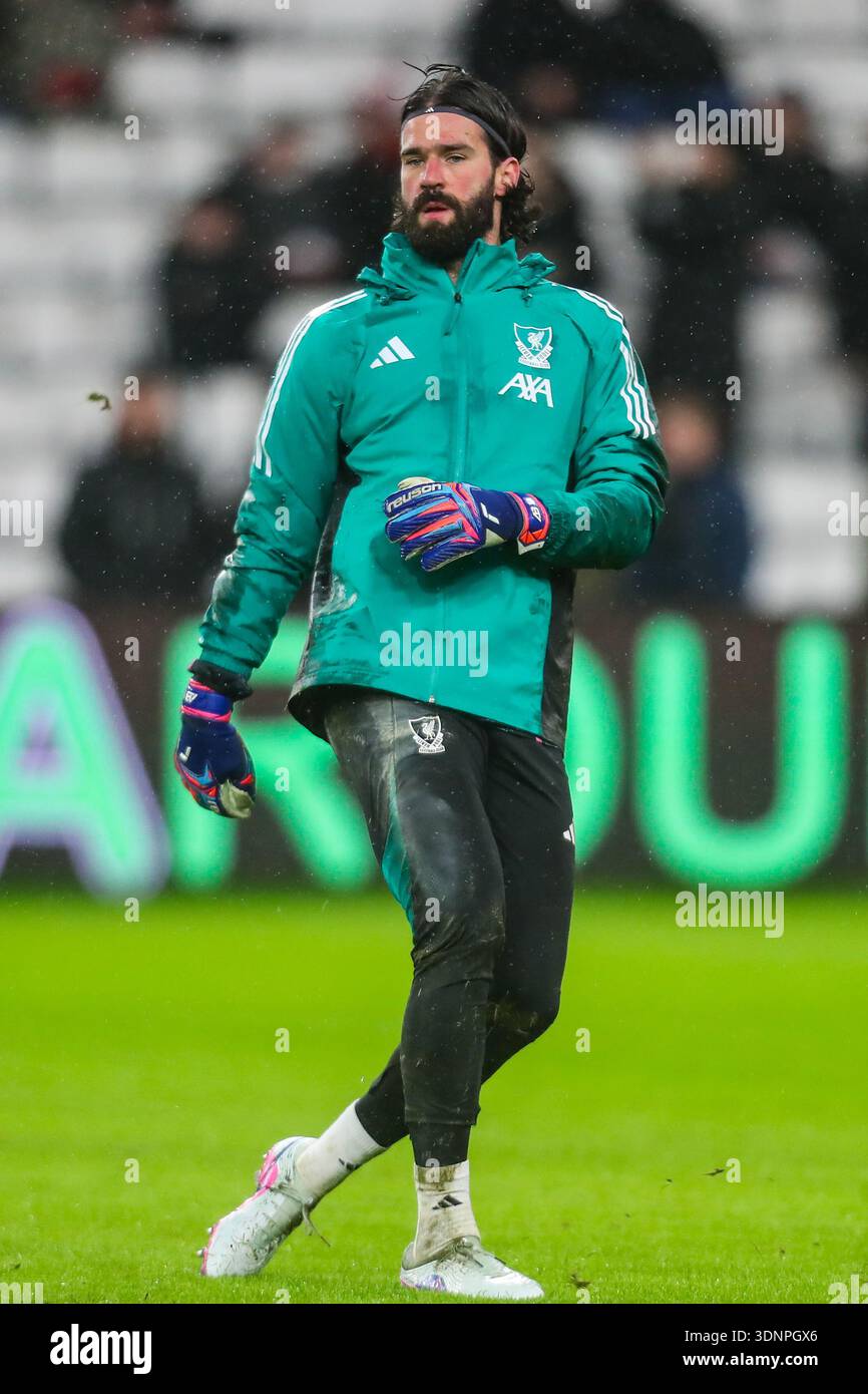Alisson Becker Of Liverpool warms up during the Sunderland v Liverpool ...