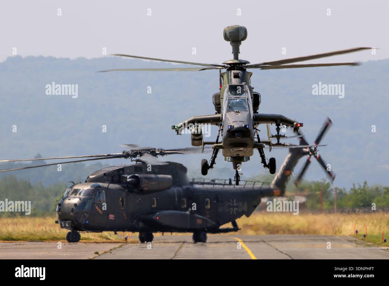 German Army Eurocopter Tiger UHT attack helicopter taking off from Buckeburg army base. Buckeburg, Germany - June 17, 2023 Stock Photo