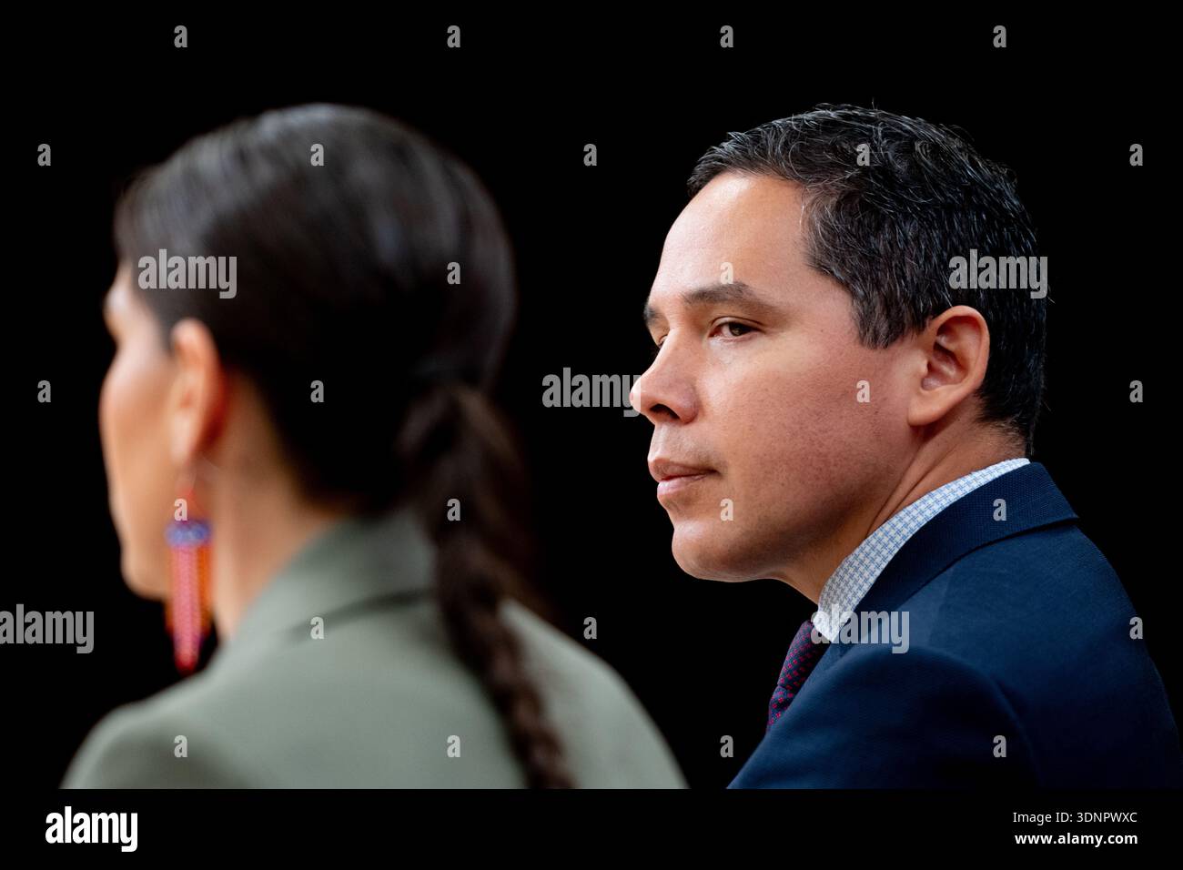 President of Inuit Tapiriit Kanatami Natan Obed looks on as President ...