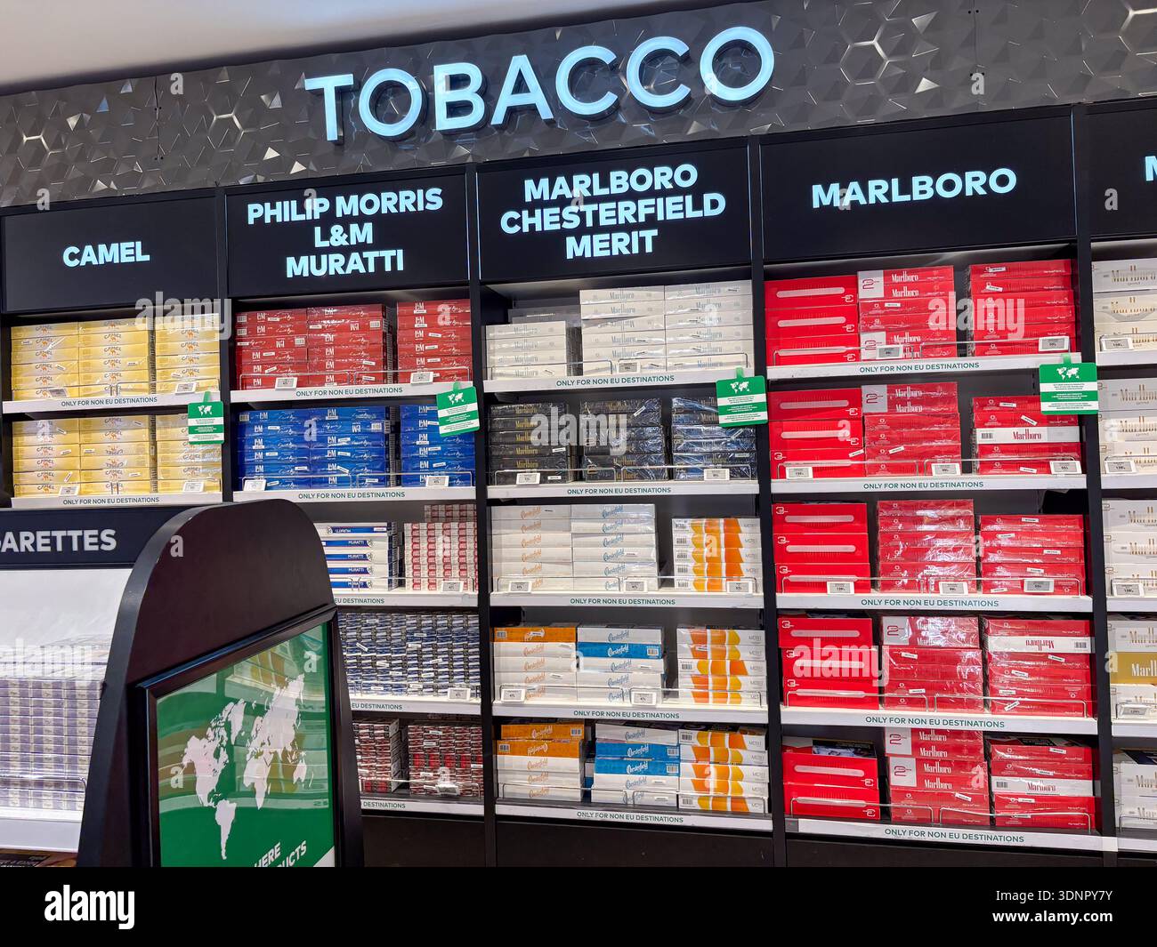 Tobacco and cigarette display in the duty free area of Naples International  Airport (NAP). Products labelled 