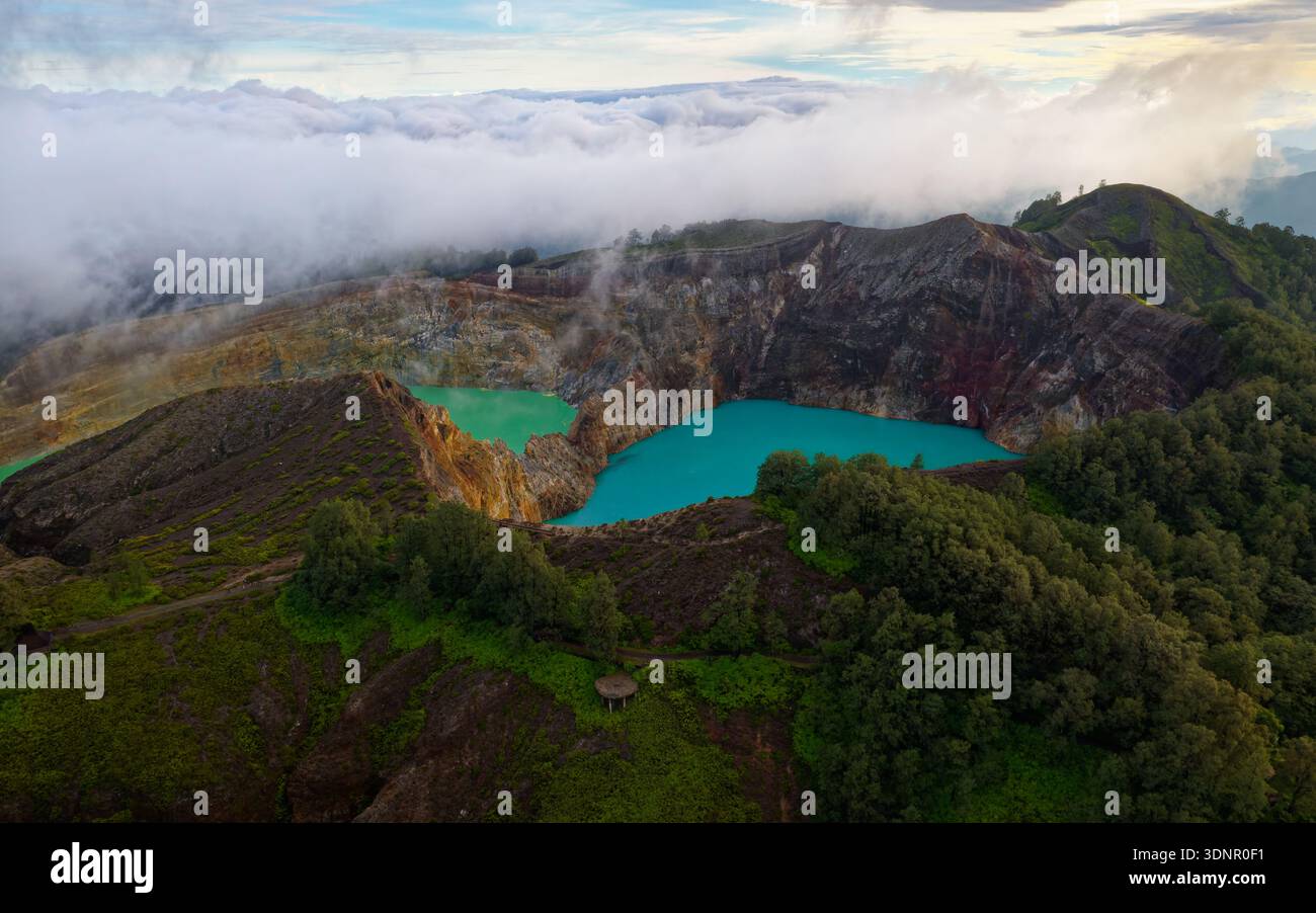 Kelimutu volcano close to Moni in Flores island in Indonesia, three volcanic crater lakes that differ in color, blue Tiwu Ata Mbupu, green Tiwu Nua Mu Stock Photo