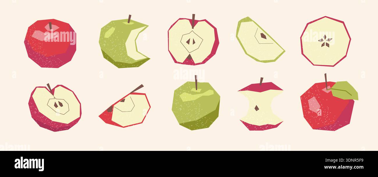 Set of geometric red and green apples with slices isolated. Stock Vector