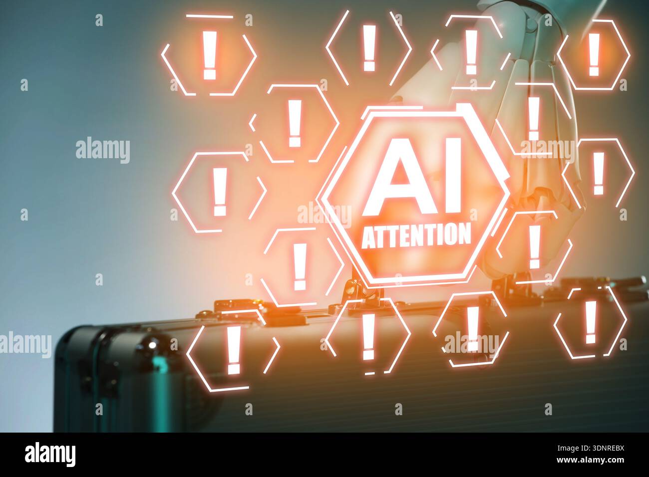 Robot holding metal case. Virtual AI icon and warning notifications ...