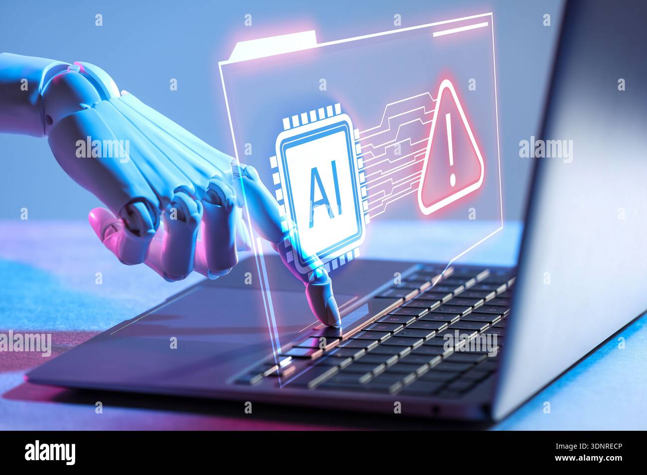 Robot using laptop, virtual screen above computer showing AI microchip and warning sign. Artificial intelligence safety Stock Photo
