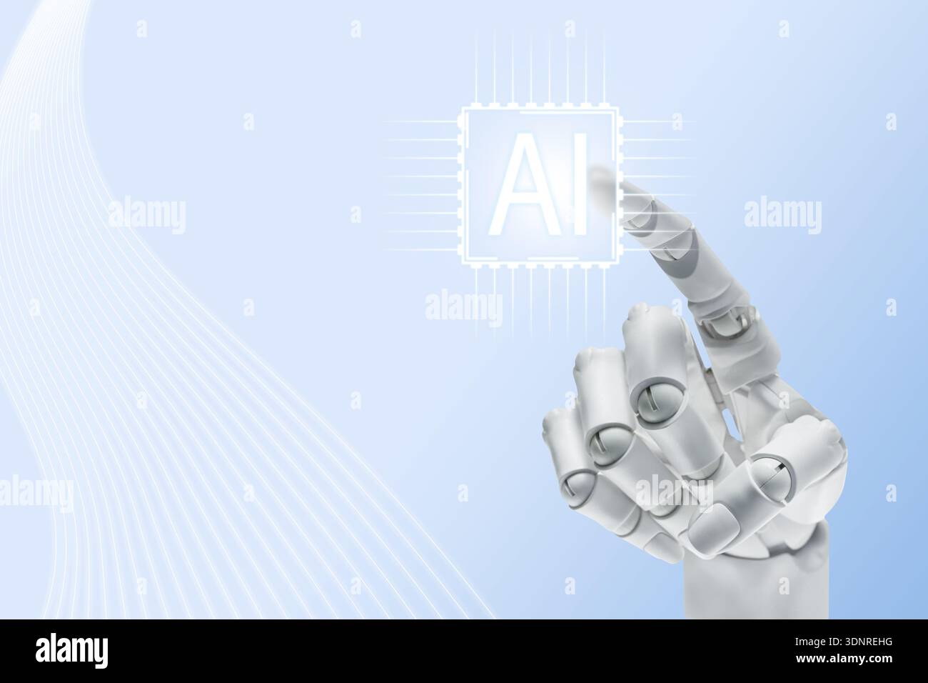 Robotic hand touching virtual AI microchip against light blue gradient background. Artificial intelligence technology Stock Photo