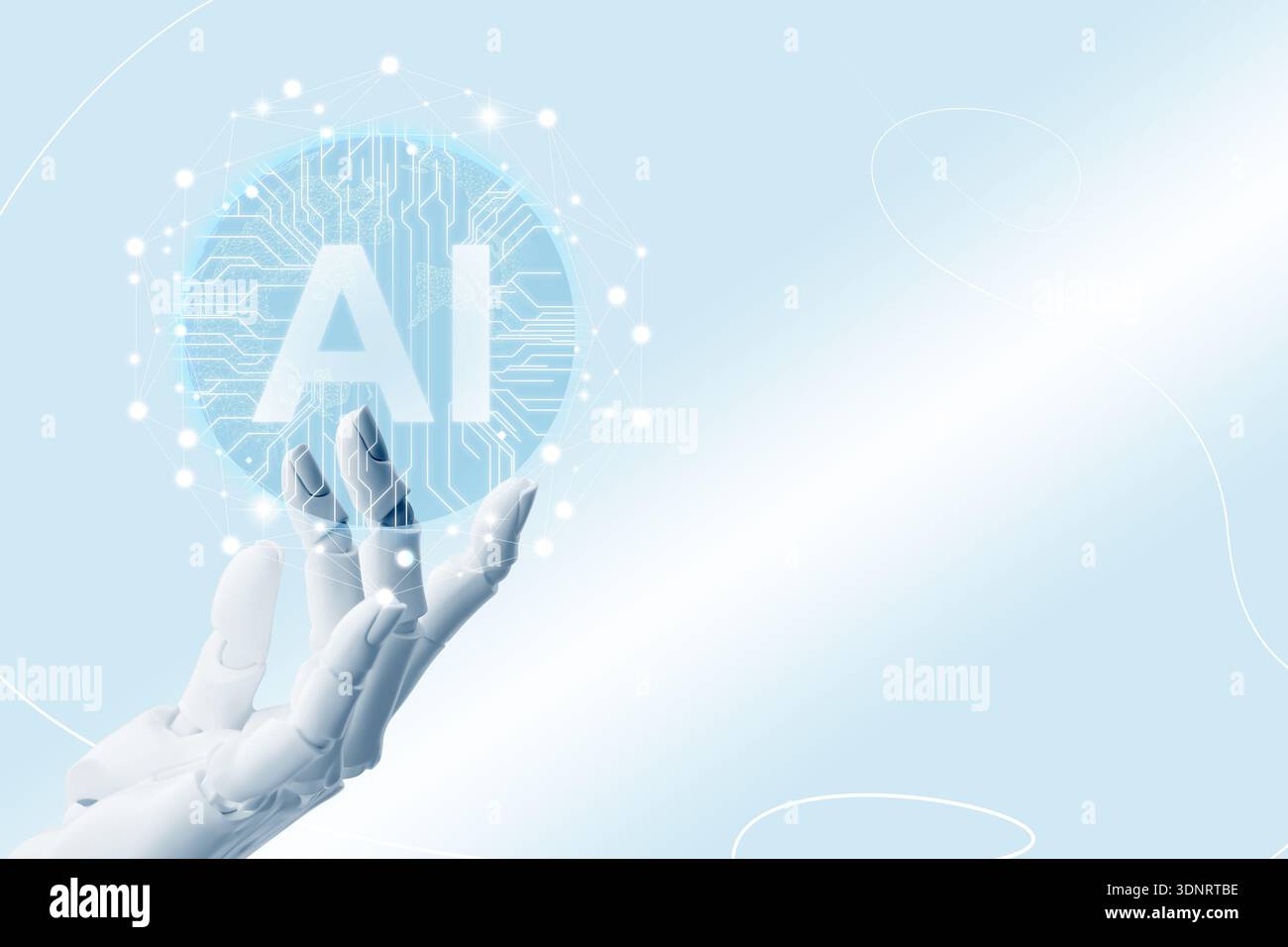 Robotic hand holding virtual AI microchip against light blue gradient background. Artificial intelligence technology Stock Photo