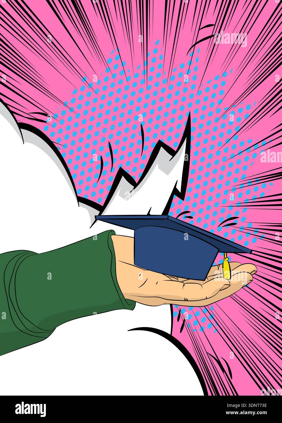 Cartoon, comic book human hands holding Graduation Cap. Retro vector ...