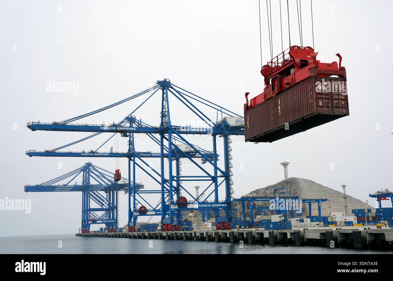 Container Dropped FILE - A container is lifted by a crane backdropped by the construction ...