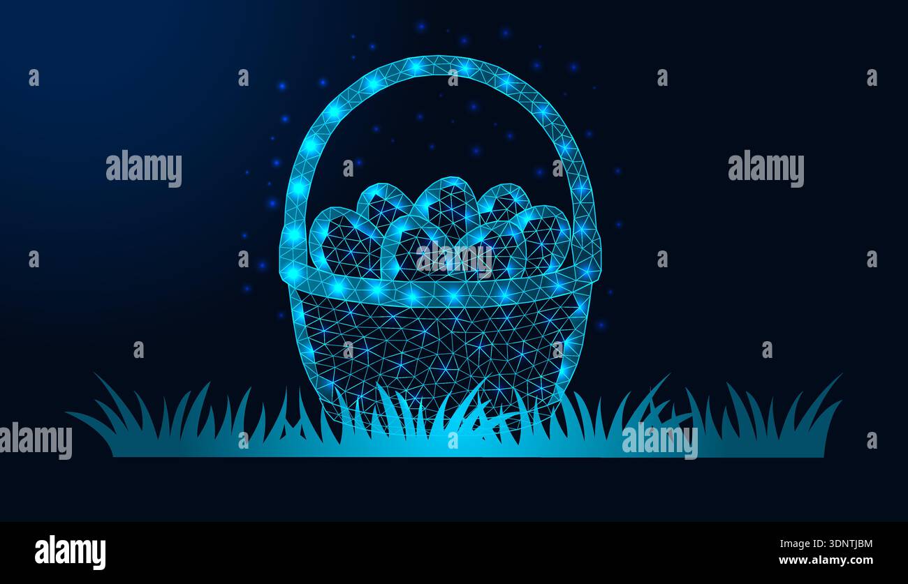 Low poly wireframe easter basket with eggs on grass on dark blue background. Stock Vector