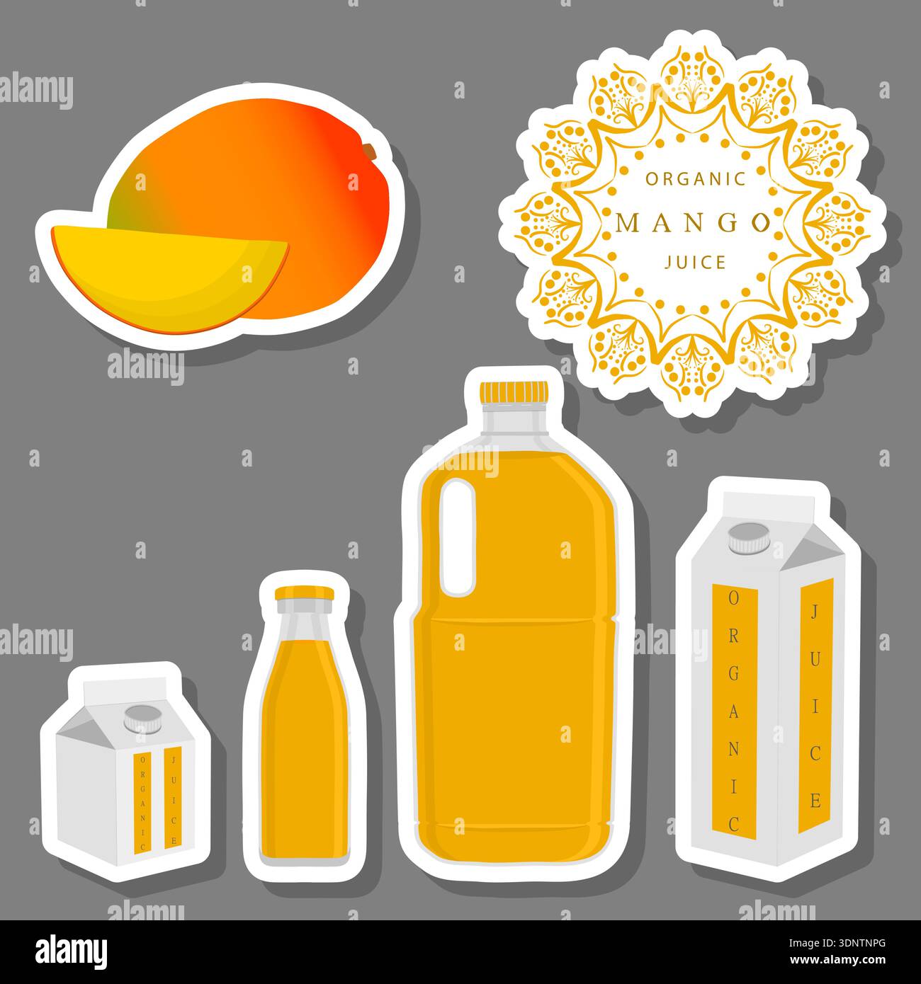 Illustration on theme big set different types of juice mango in bottle, juice mango pattern consisting of collection organic beverage to bottle, brigh Stock Vector