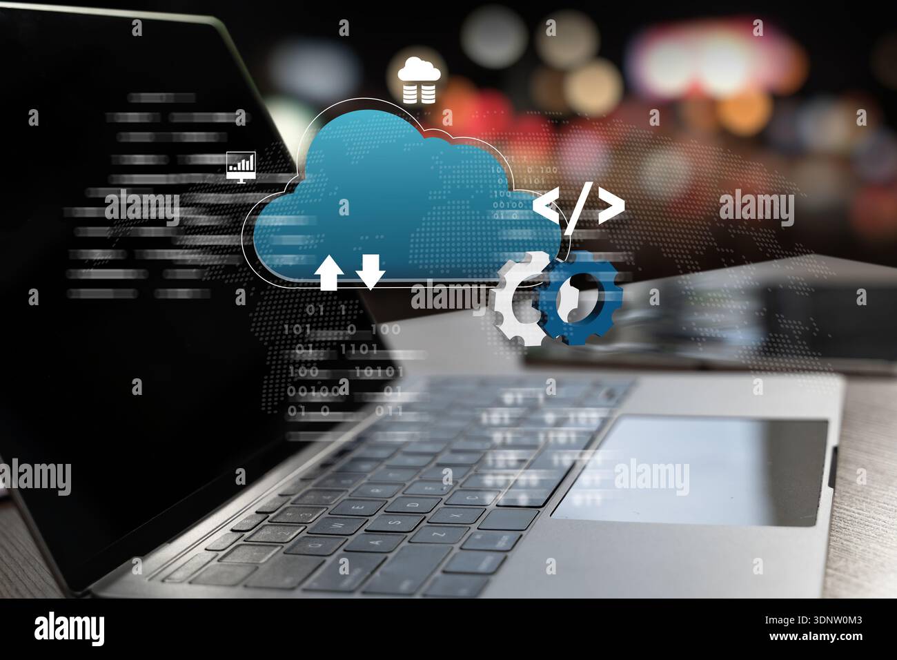 Cloud computing concept showing data storage, transfer, and system integration Connection network in servers data and software development workflows. Stock Photo