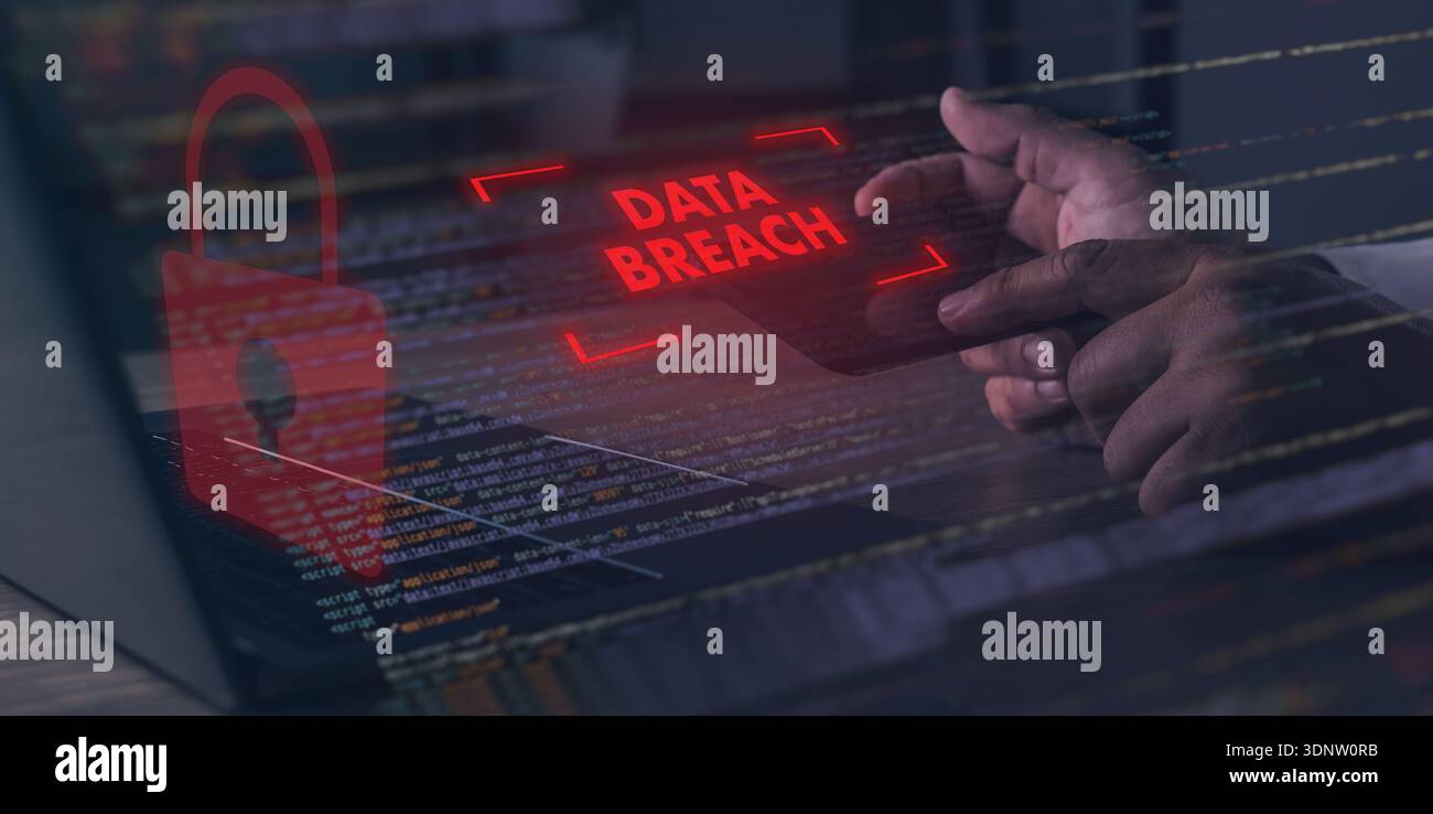 Cybersecurity data breach alert concept showing hacked network systems, digital lock and warning message, representing information security risk, inci Stock Photo