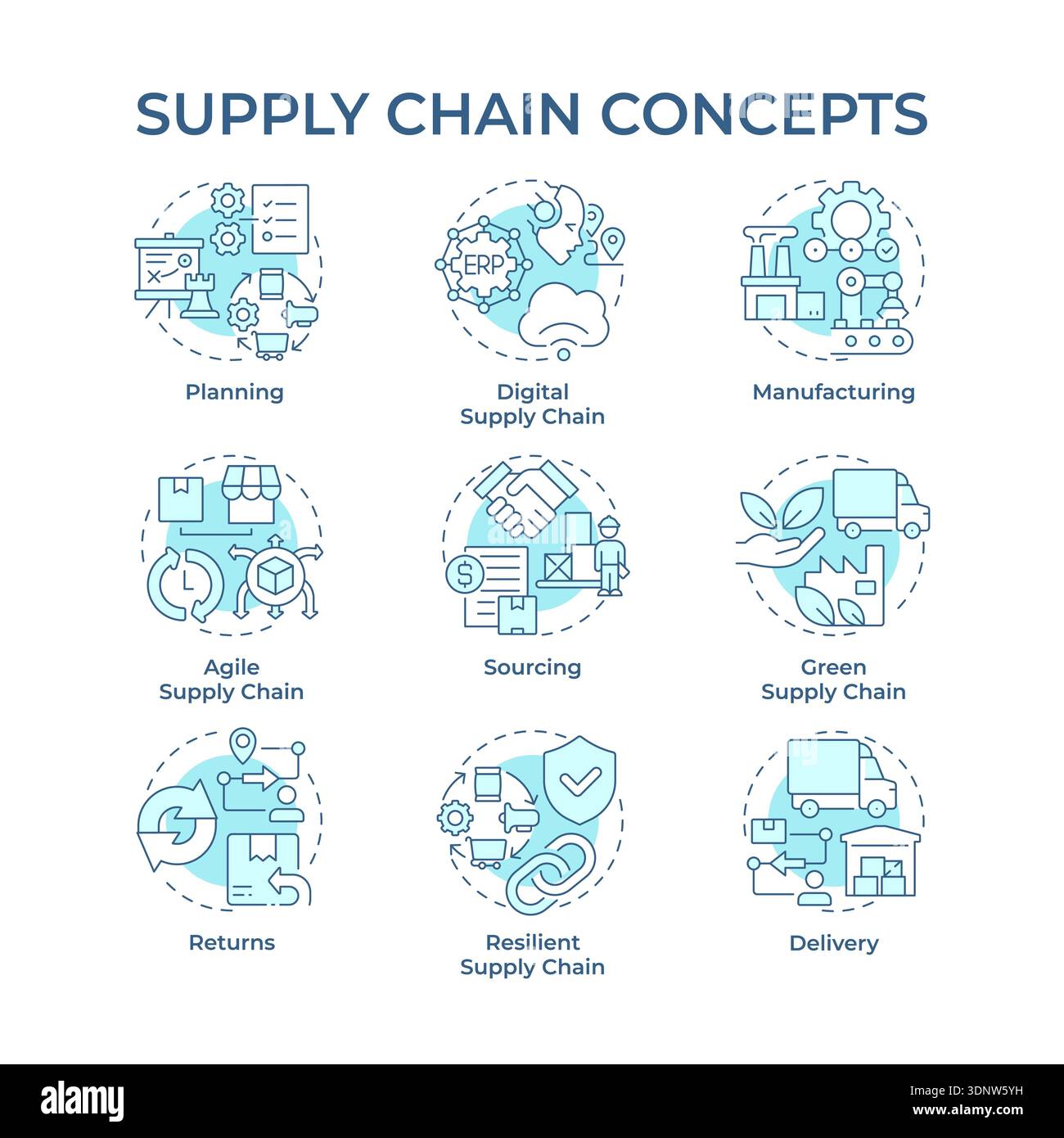 Supply chain soft blue concept icons Stock Vector