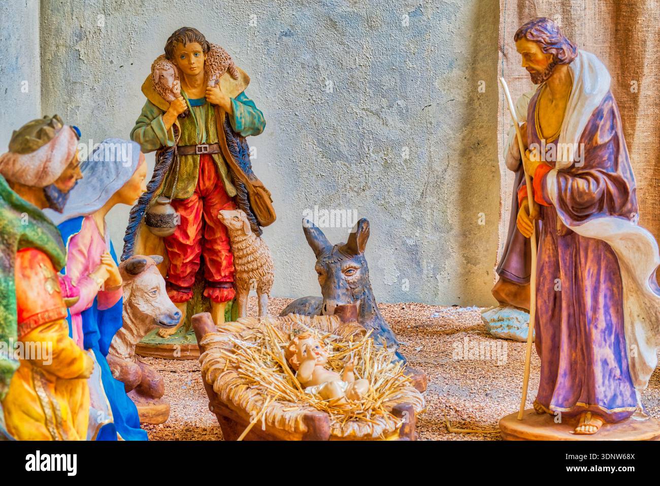 Christmas Nativity scene with shepherd and one of The Three Wise Men ...