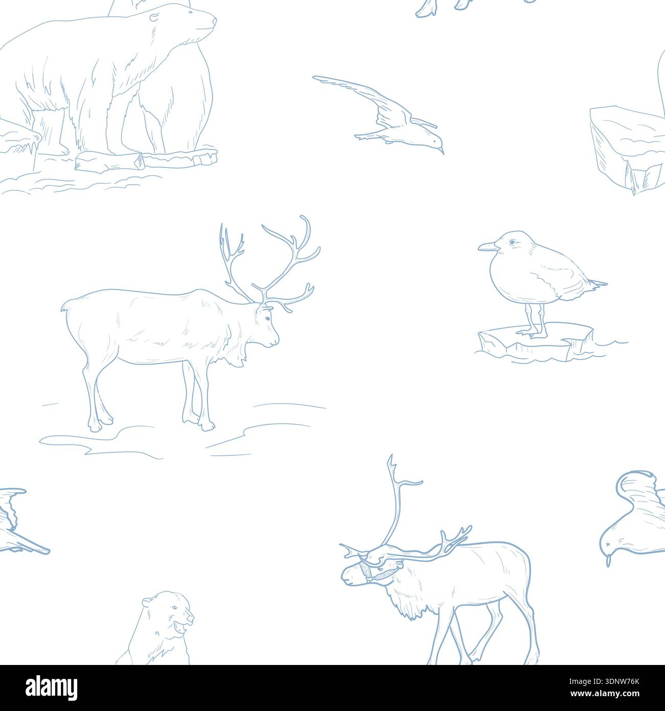 Arctic animals on a seamless pattern. Vector illustration. Monochrome graphic sketch of polar fauna isolated on a white background. Reindeer, polar Stock Vector