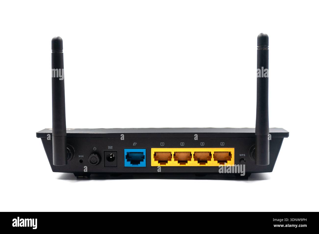 Ir8340 Router Rear View Black wireless router with antennas and ethernet ports. A view of the ...