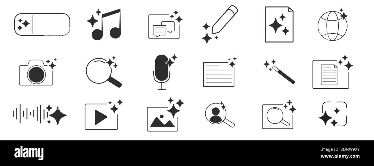 Ai generated set audio or media icons. Ai star sparkle symbol, creative artificial intelligence and machine learning technology concept. Generative AI. music generated, image generate, magic pencil. Vector illustration Stock Vector