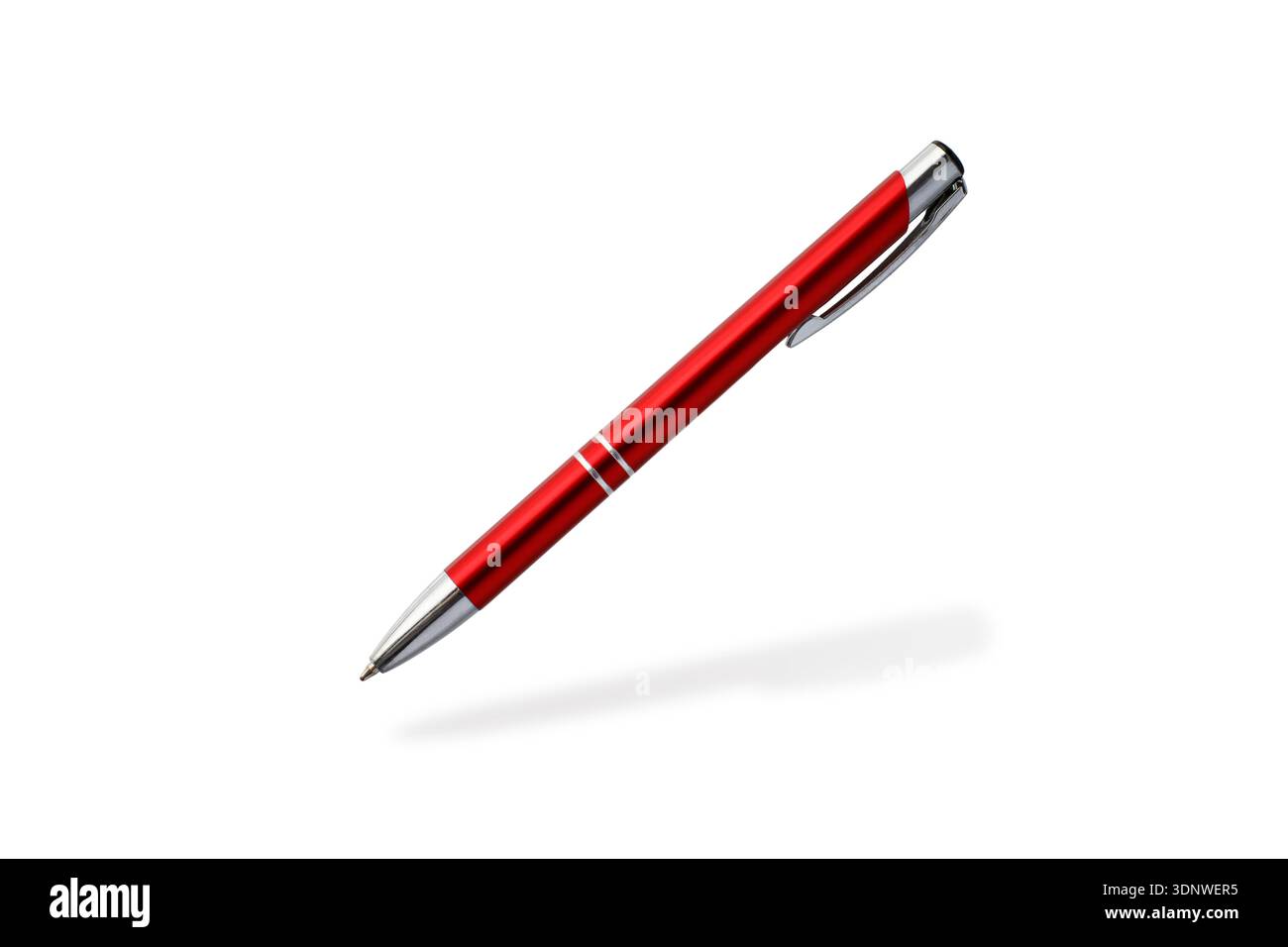 Red pen flying isolated on white background. Metallic ball pen with ...