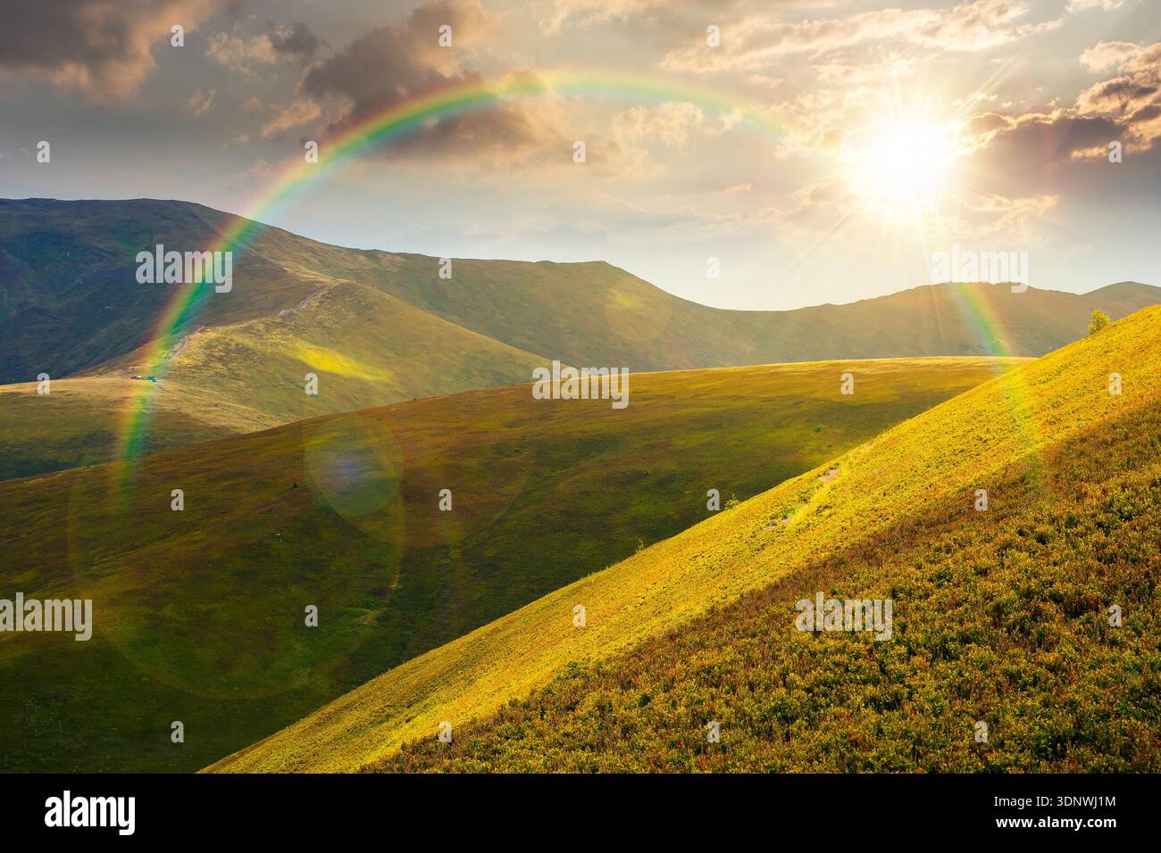 scenic mountain landscape in summer at sunset. beautiful travel background with rolling hills. lush green grassy hillside in evening dappled light. na Stock Photo