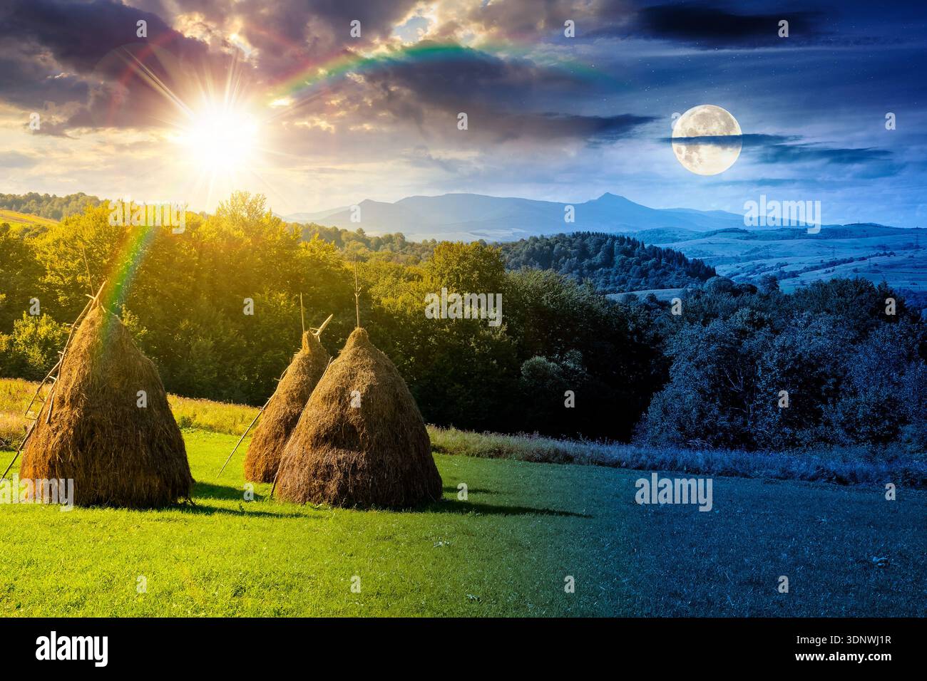 rural landscape in mountains. time change concept. grassy rolling hill and peak in early autumn with sun and moon. alpine countryside pasture. uncerta Stock Photo