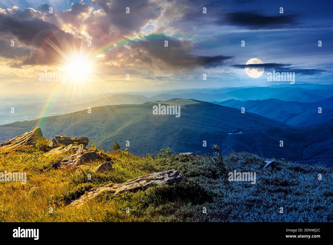 beautiful summer solstice landscape in mountains. day and night time change concept. stones on grassy alpine meadow with sun and moon. view from the e Stock Photo