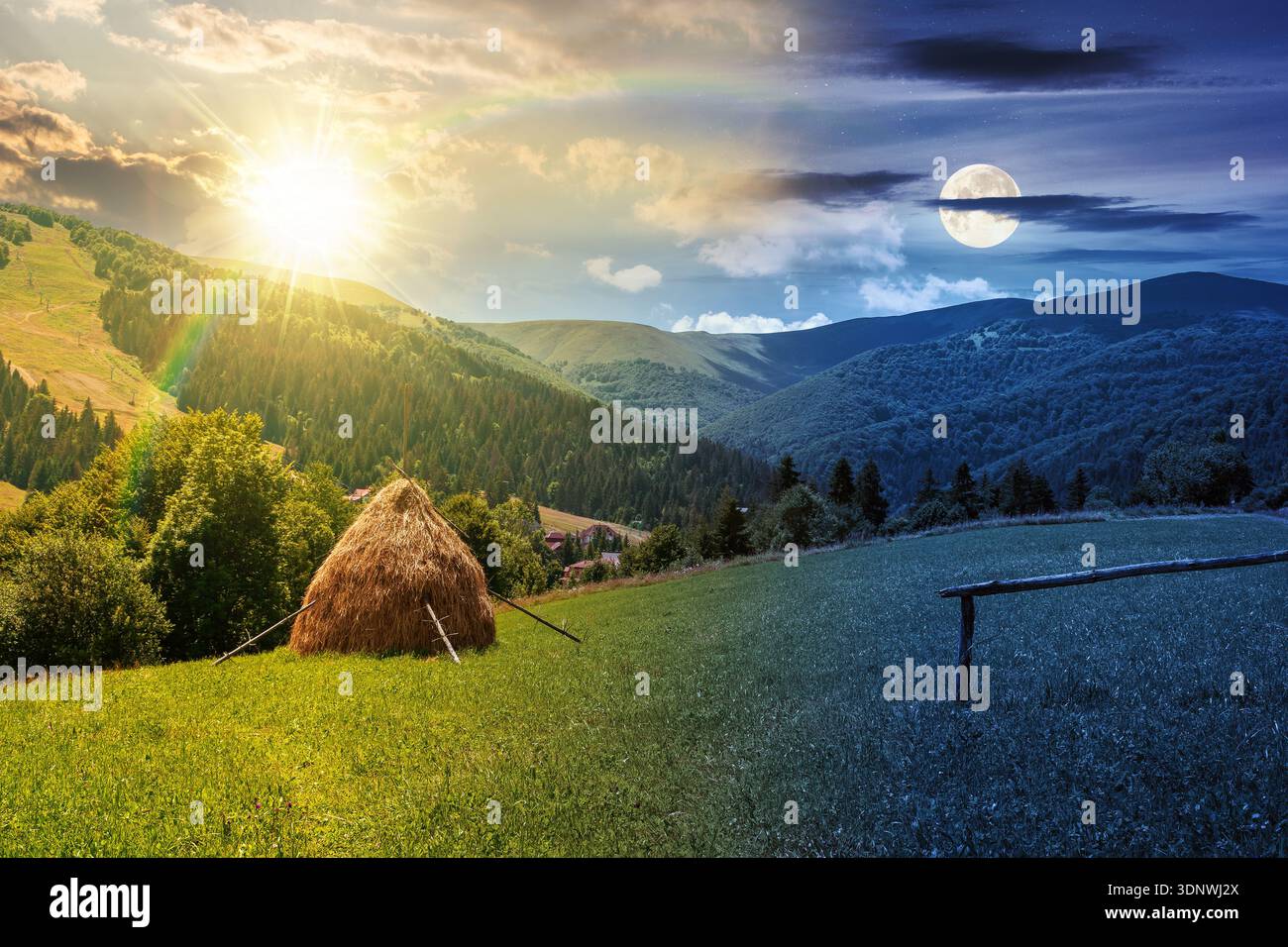 rural landscape with field on the hill. day and night time change concept. alpine scenery with haystack under sun and moon. mountainous countryside ha Stock Photo