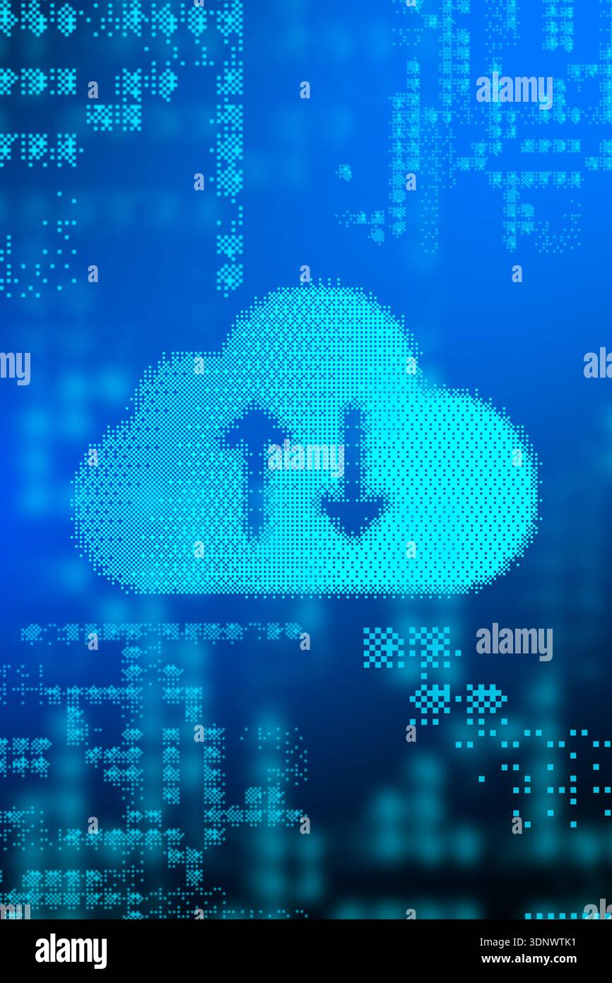 Cloud storage symbol with data uploads and downloads on a digital background Stock Photo