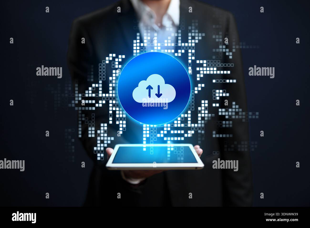 Cloud storage technology is shown on a tablet in a business setting Stock Photo