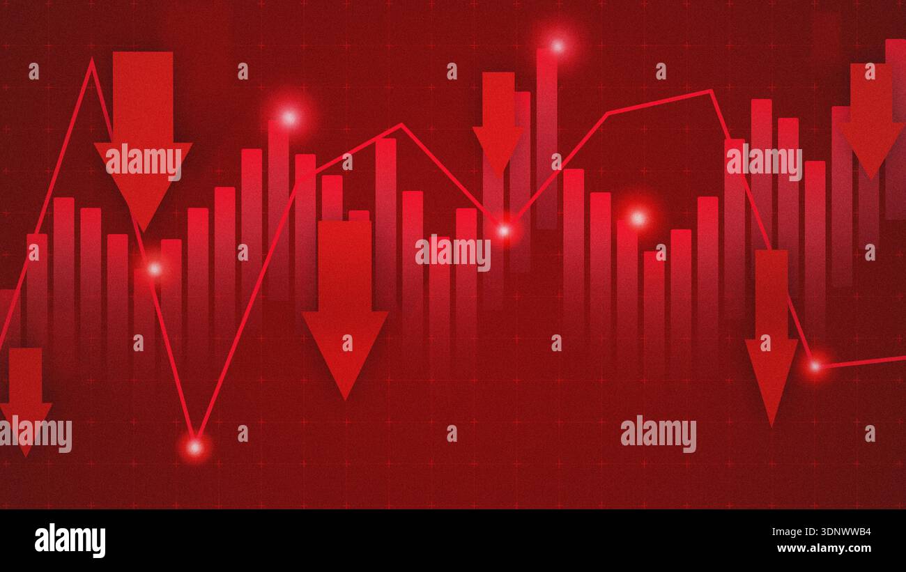 Market trends show a decline in stock prices on a red background with downward arrows Stock Photo