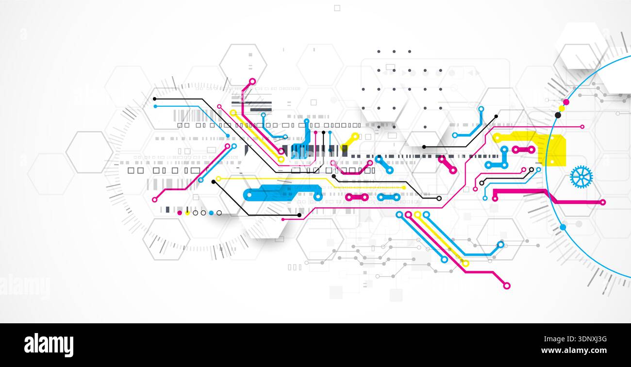 Abstract technological background with various elements. CMYK concept. Vector Stock Vector
