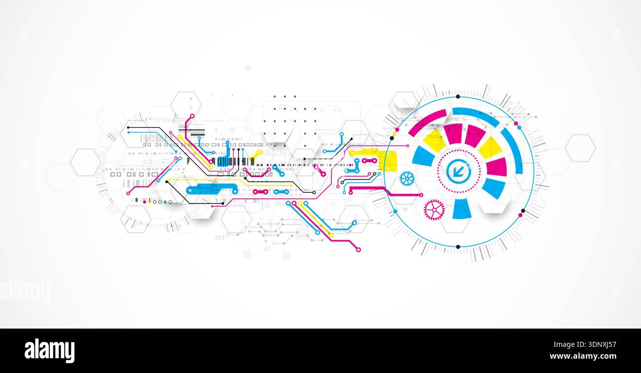 Abstract technological background with various elements. CMYK concept. Vector Stock Vector