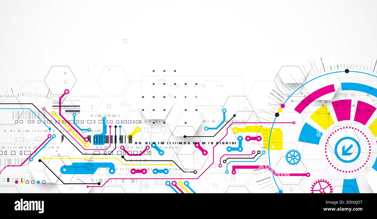 Abstract technological background with various elements. CMYK concept. Vector Stock Vector