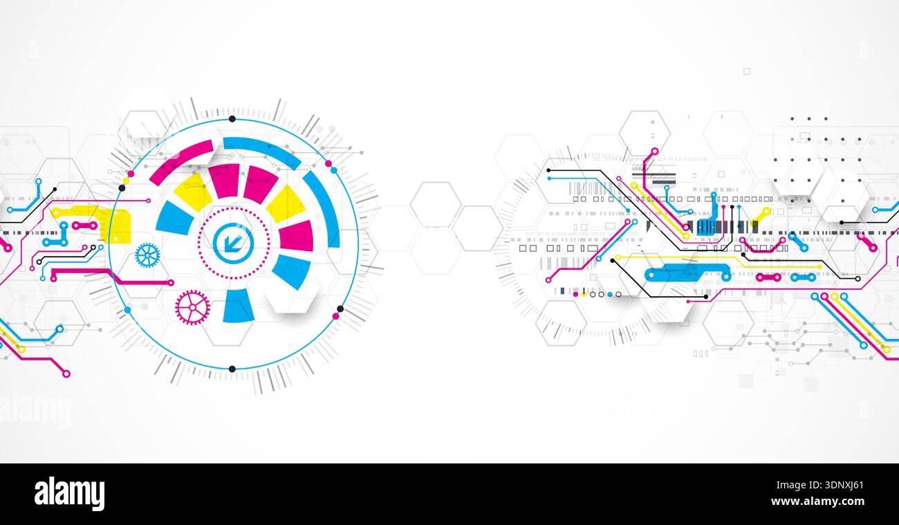 Abstract technological background with various elements. CMYK concept. Vector Stock Vector