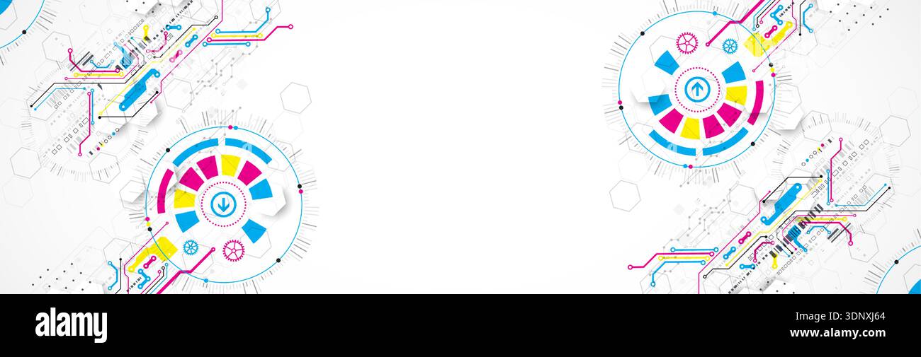 Abstract technological background with various elements. CMYK concept. Vector Stock Vector